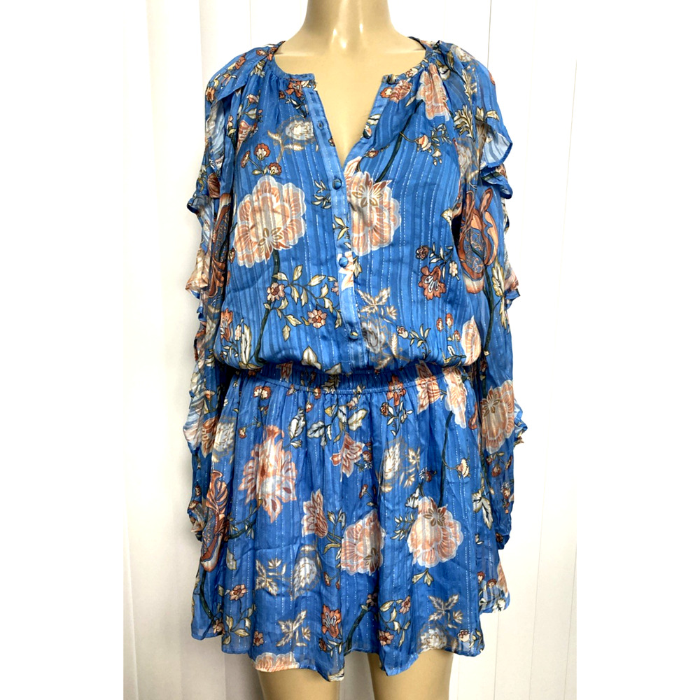 Ramy Brook Printed Hamilton Long Sleeve Mini Blouson Dress Blue Floral Ruffled M - Picture 4 of 12